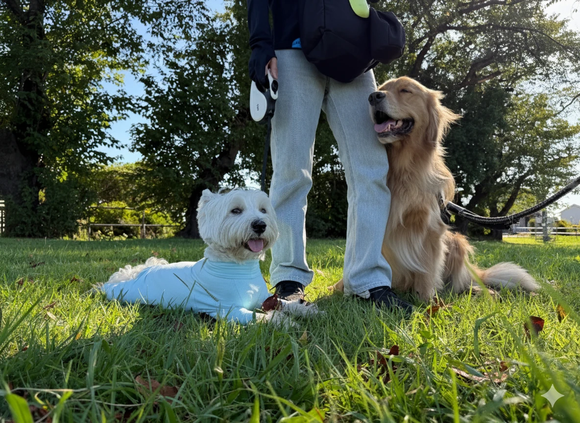 芝生でくつろぐ2頭の犬